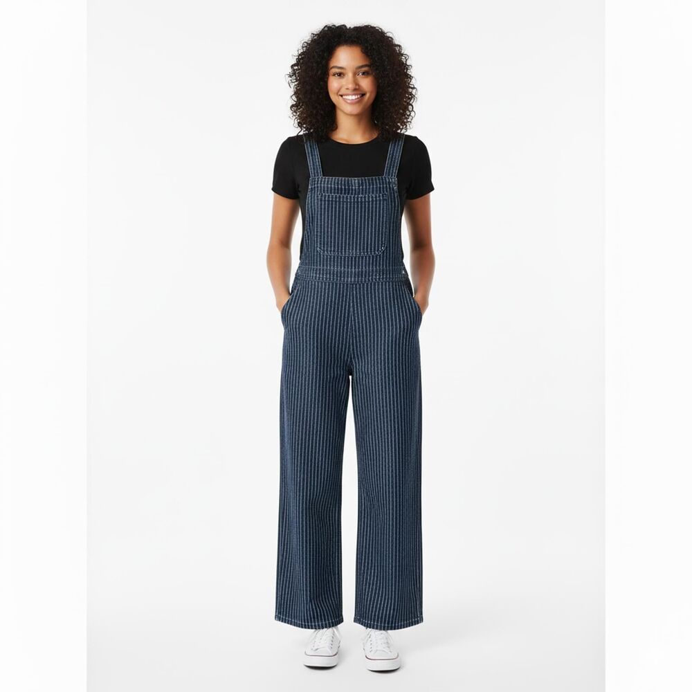 Women's Striped Denim Jumpsuit with Adjustable Straps